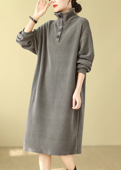 Grey Button Simple Corduroy Mid Dress Hign Neck Fall