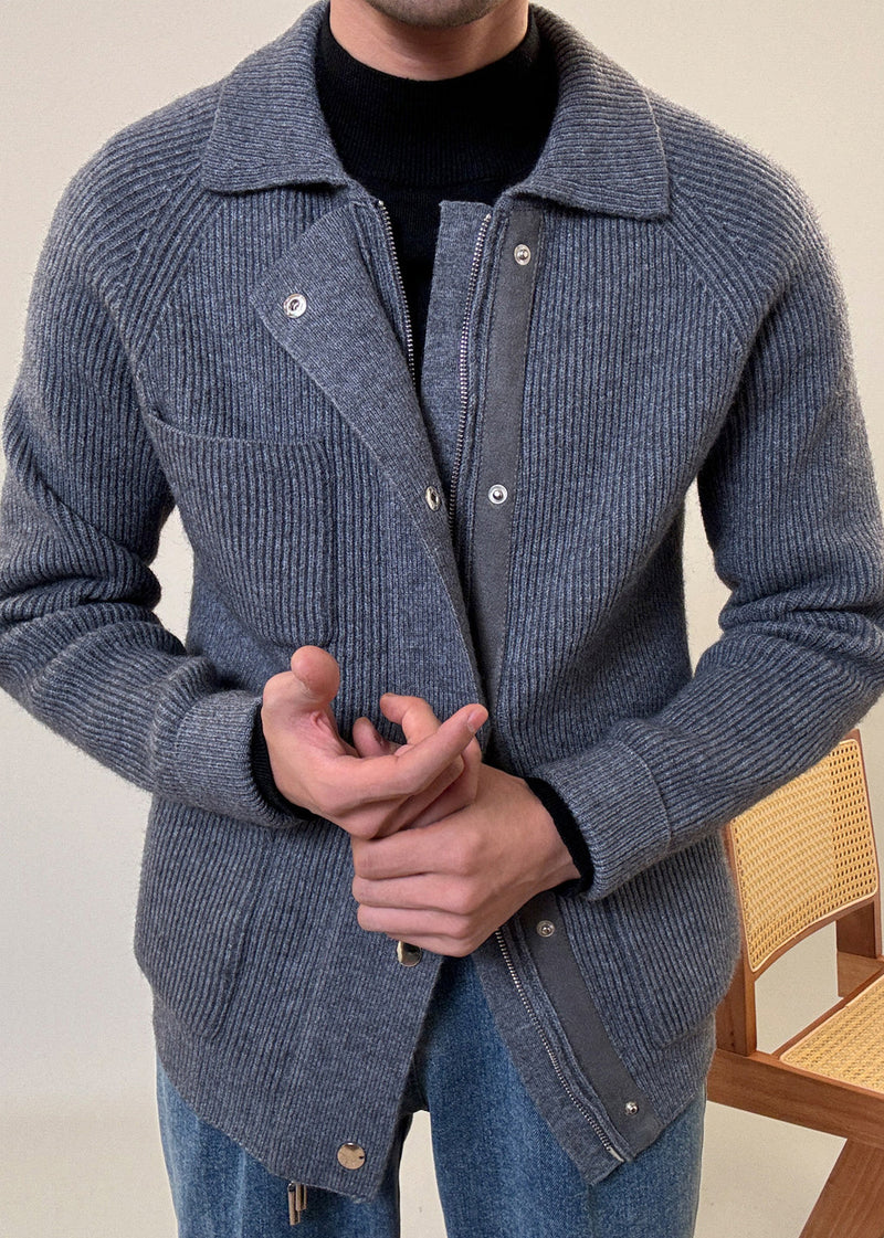 Grey Button Pockets Cozy Cotton Knit Spring Coats Zip Up