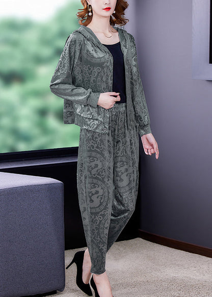 Grey Button Silk Velour Hooded Coats and Harem Pants Two Pieces Set Fall