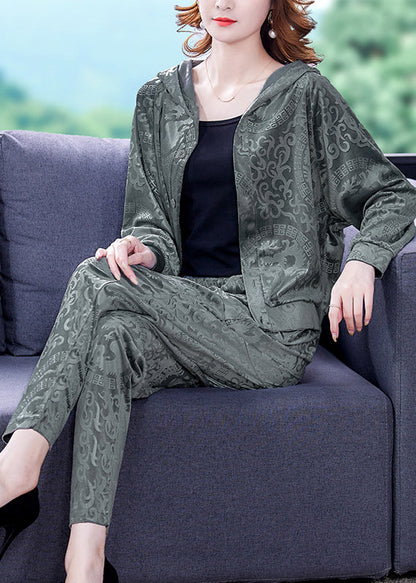 Grey Button Silk Velour Hooded Coats and Harem Pants Two Pieces Set Fall