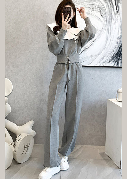 Grey Cotton Tops and Pants Sport Suit Ruffled Spring