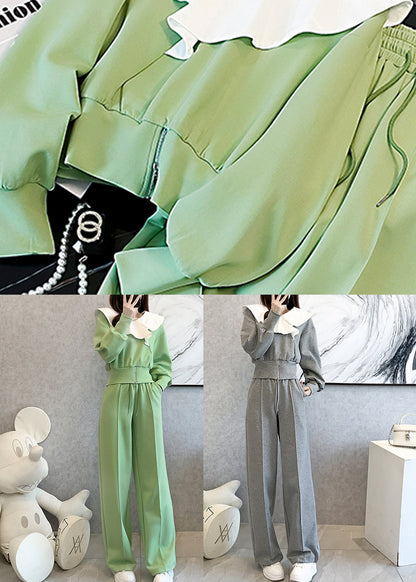 Grey Cotton Tops and Pants Sport Suit Ruffled Spring