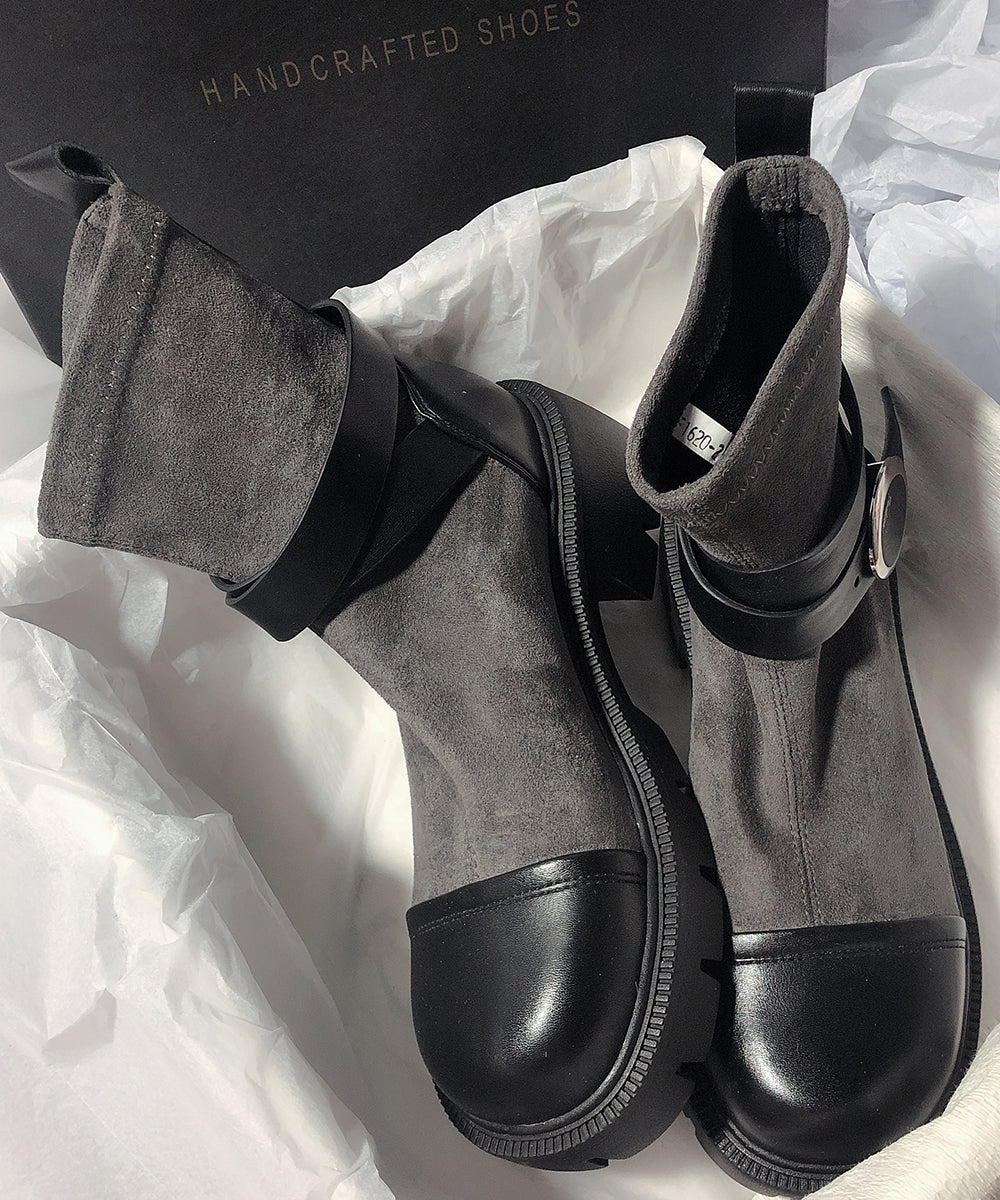 Grey Cowhide Leather Splicing Suede Boots