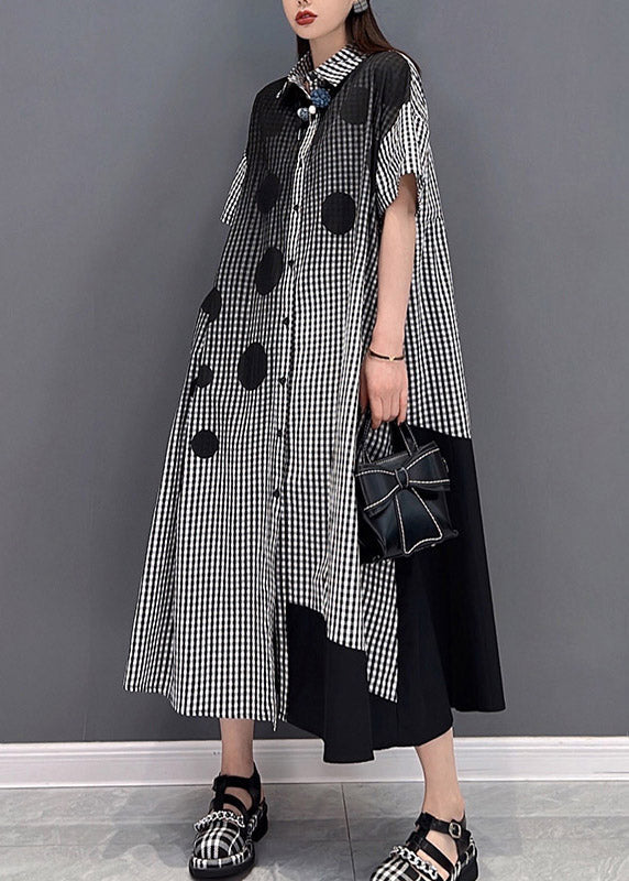 Grey Dot Print Patchwork Long Dress Loose Wrinkled Short Sleeve