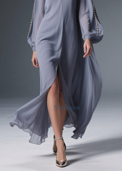 Grey Front Open Chiffon Long Dresses V Neck Spring