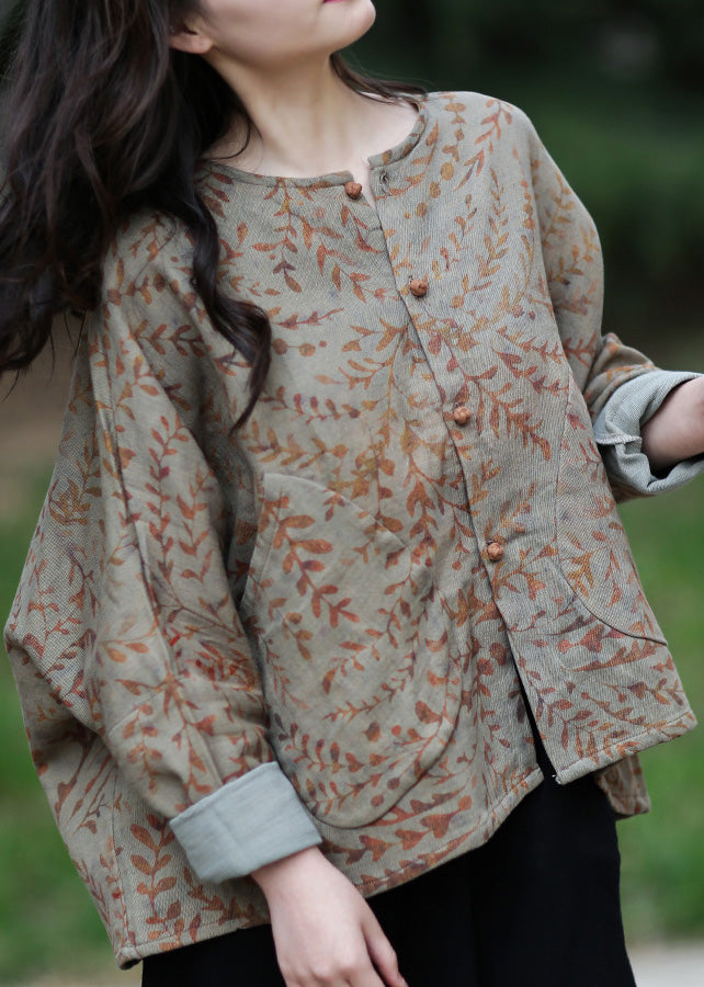 Grey Green O-neck Button Cotton Coats Spring