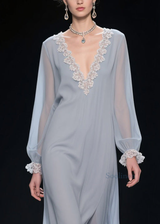 Grey Lace Chiffon Long Dress V Neck Butterfly Sleeve