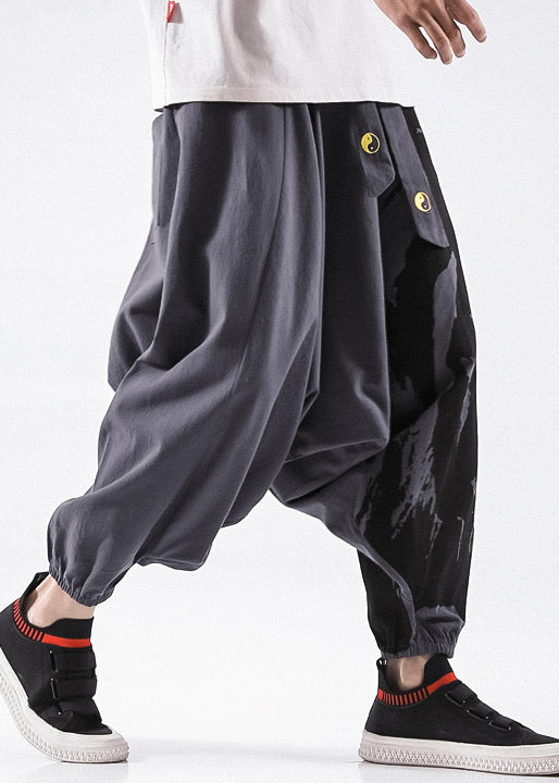Grey Lace Up Loose Cotton Beam Pants High Waist