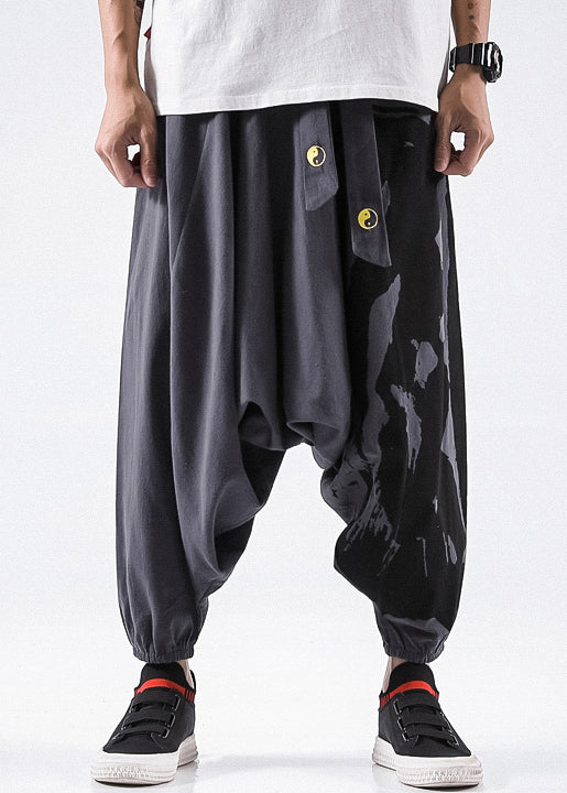 Grey Lace Up Loose Cotton Beam Pants High Waist