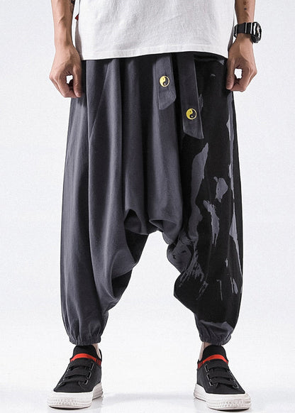 Grey Lace Up Loose Cotton Beam Pants High Waist