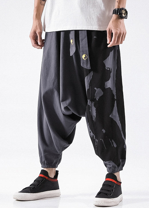 Grey Lace Up Loose Cotton Beam Pants High Waist