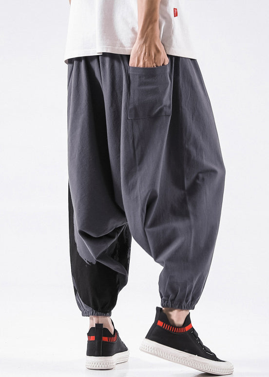 Grey Lace Up Loose Cotton Beam Pants High Waist