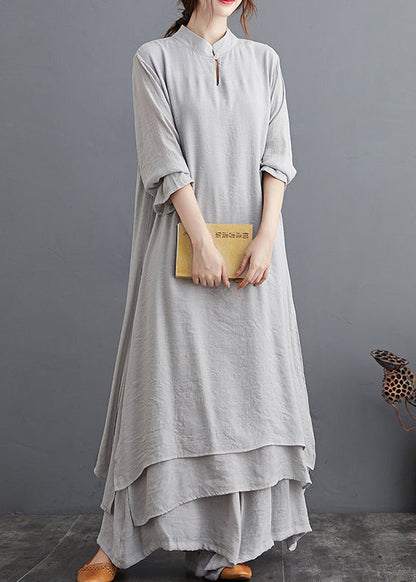 Grey Linen Two Piece Set Tops and Pants Clothing Spring Summer