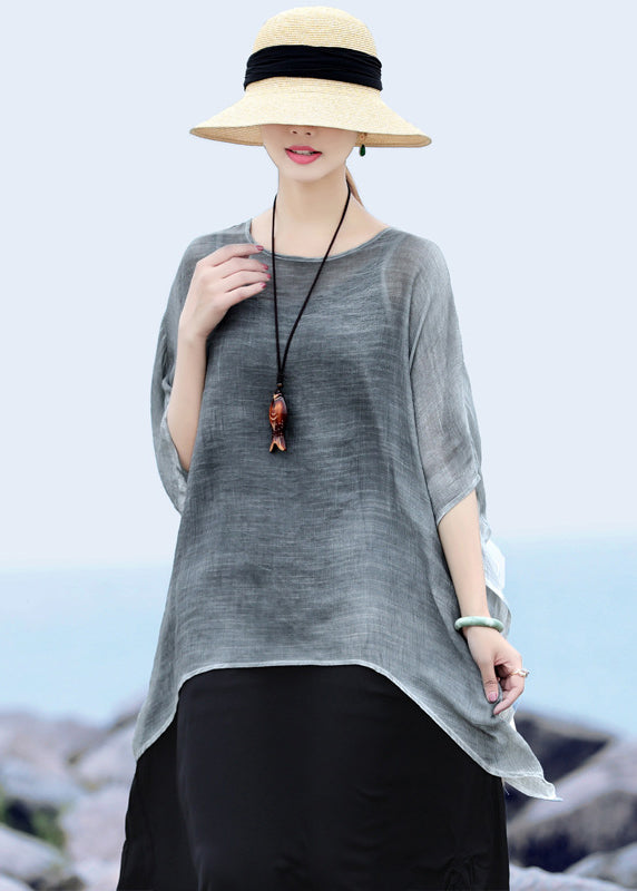 Grey Loose Linen Upf 50+ Tops Low High Design Short Sleeve