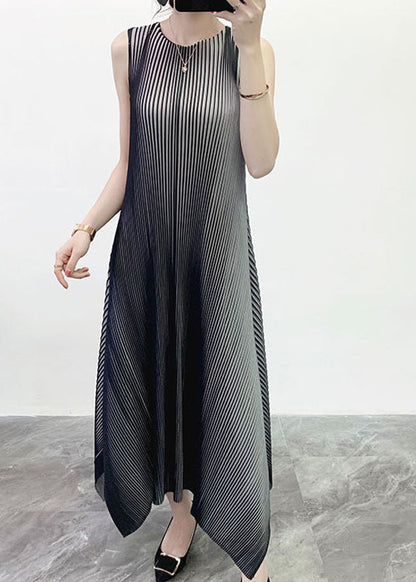 Grey O-neck Striped Gradient Color Long Dress Sleeveless