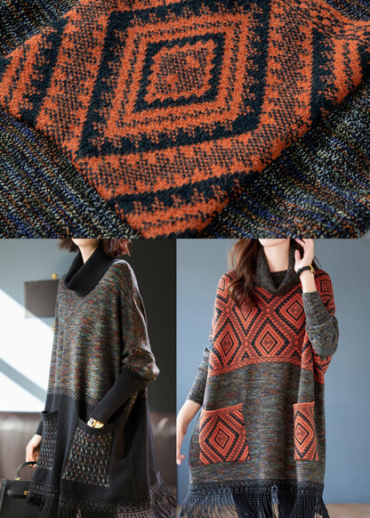 Grey Patchwork Knit Holiday Dress Turtle Neck Tasseled Spring