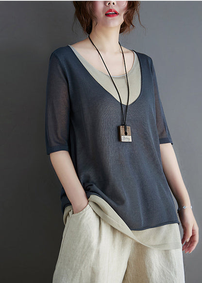 Grey Patchwork Knit Tank O-neck Summer