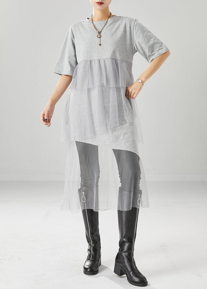 Grey Patchwork Tulle Cotton Dress Asymmetrical Ruffles Summer