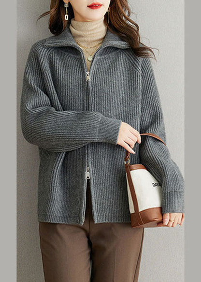 Grey Patchwork Wool Coats Peter Pan Collar Zippered Fall