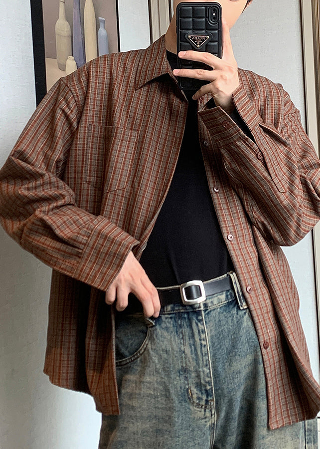 Grey Plaid Pockets Oversized Cotton Shirt Spring