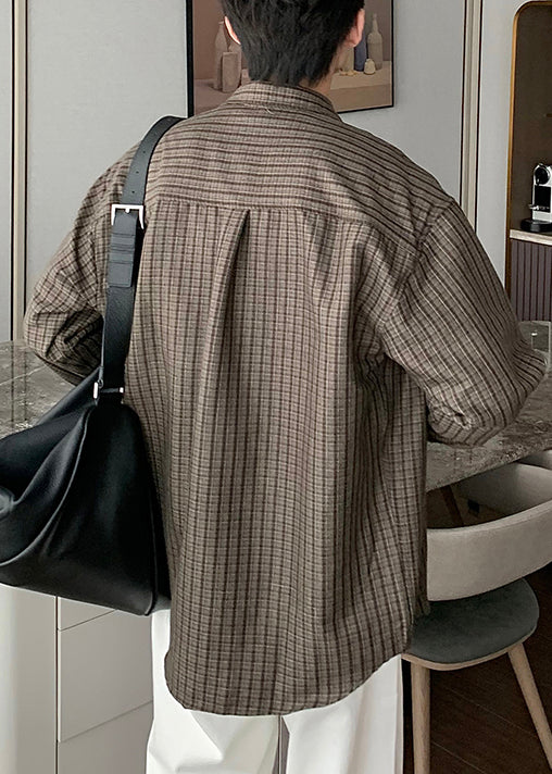 Grey Plaid Pockets Oversized Cotton Shirt Spring