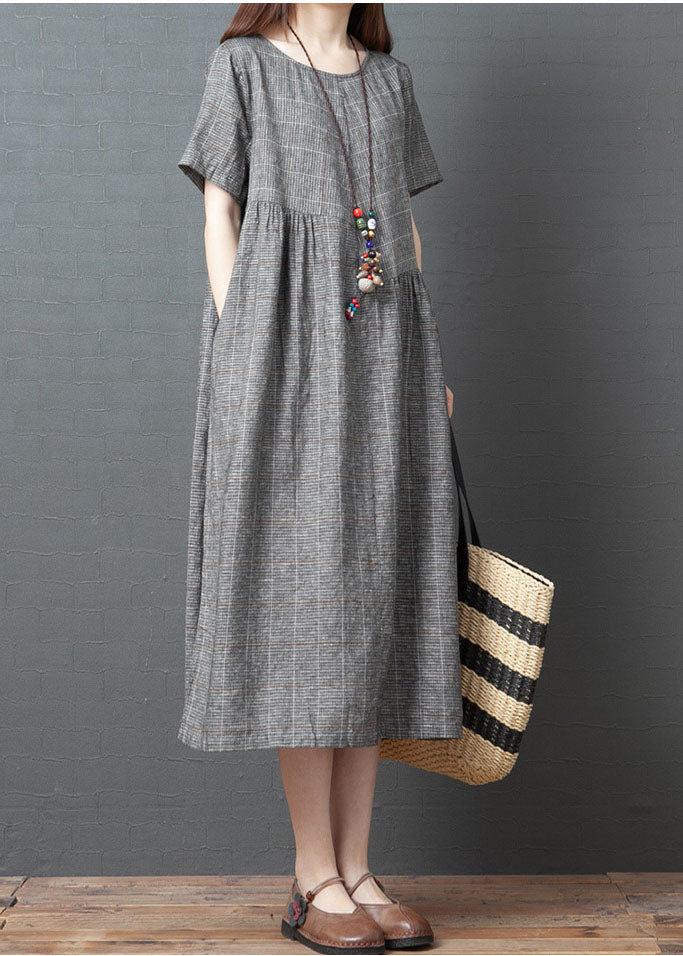 Grey Plaid Vacation Dress O-neck Cinched Short Sleeve