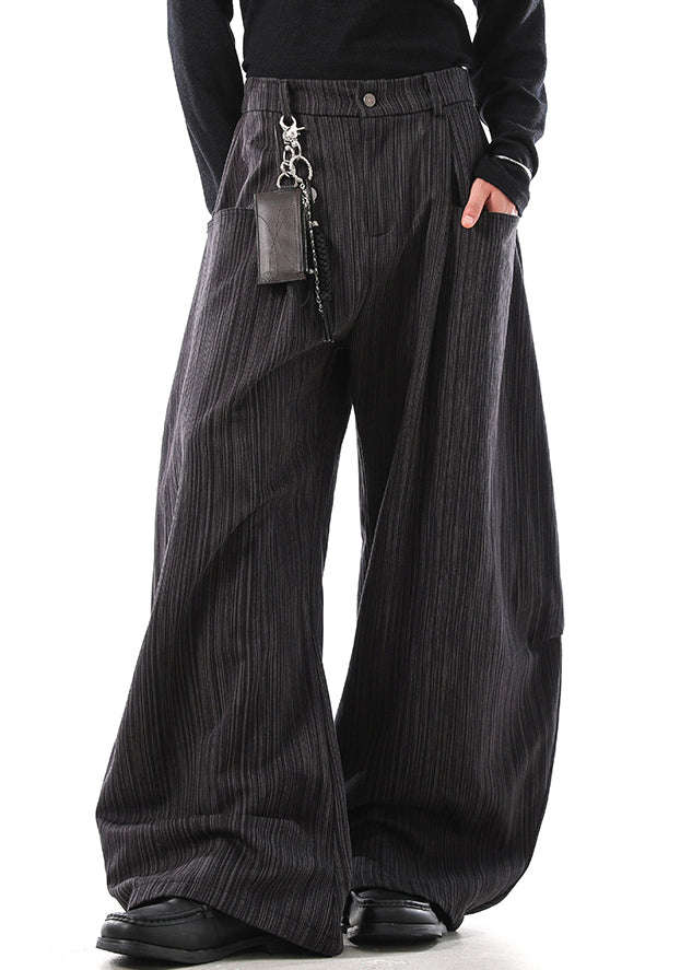 Grey Pockets Cotton Wide Leg Pants Elastic Waist