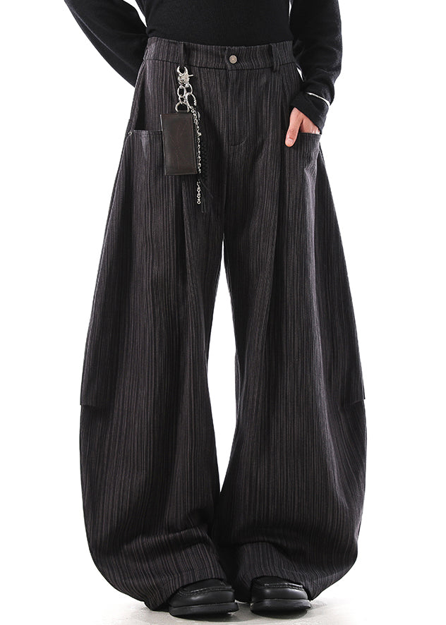 Grey Pockets Cotton Wide Leg Pants Elastic Waist