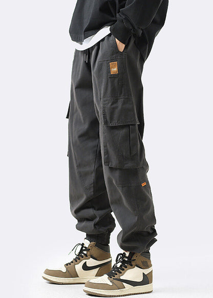Grey Pockets Elastic Waist Cotton Beam Pants Clothing Spring