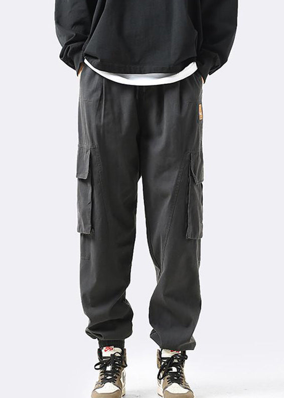 Grey Pockets Elastic Waist Cotton Beam Pants Clothing Spring