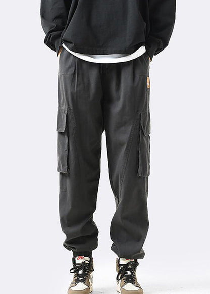 Grey Pockets Elastic Waist Cotton Beam Pants Clothing Spring