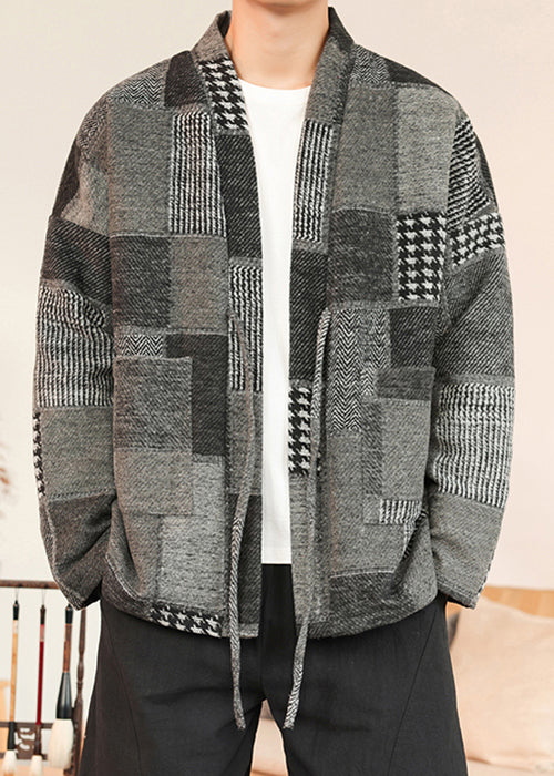 Grey Pockets Patchwork Woolen Coat V Neck Winter