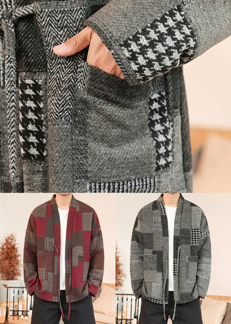 Grey Pockets Patchwork Woolen Coat V Neck Winter