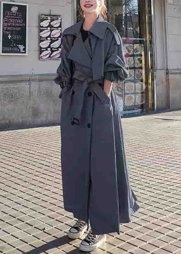 Grey Pockets Side Open Patchwork Cotton Long Trench Coats Peter Pan Collarlong Sleeve
