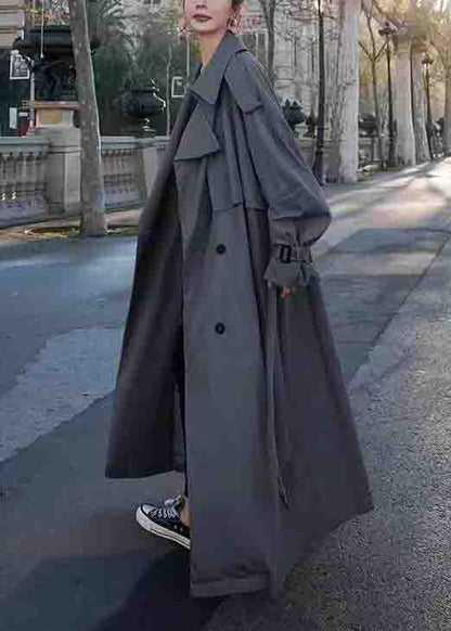 Grey Pockets Side Open Patchwork Cotton Long Trench Coats Peter Pan Collarlong Sleeve