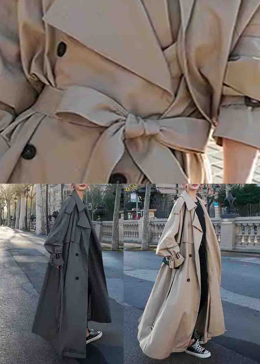 Grey Pockets Side Open Patchwork Cotton Long Trench Coats Peter Pan Collarlong Sleeve