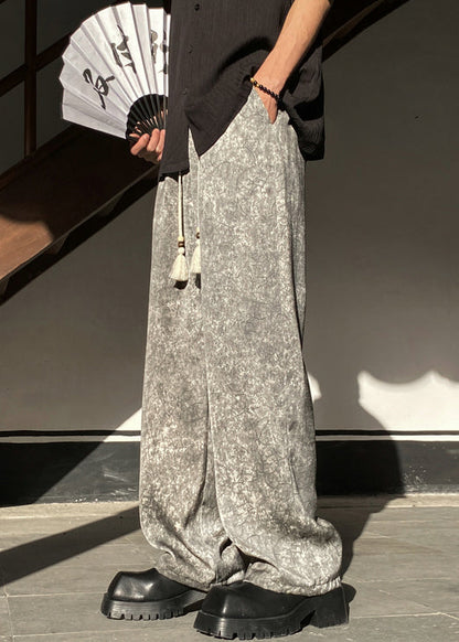 Grey Pockets Silk Wide Leg Pants Elastic Waist
