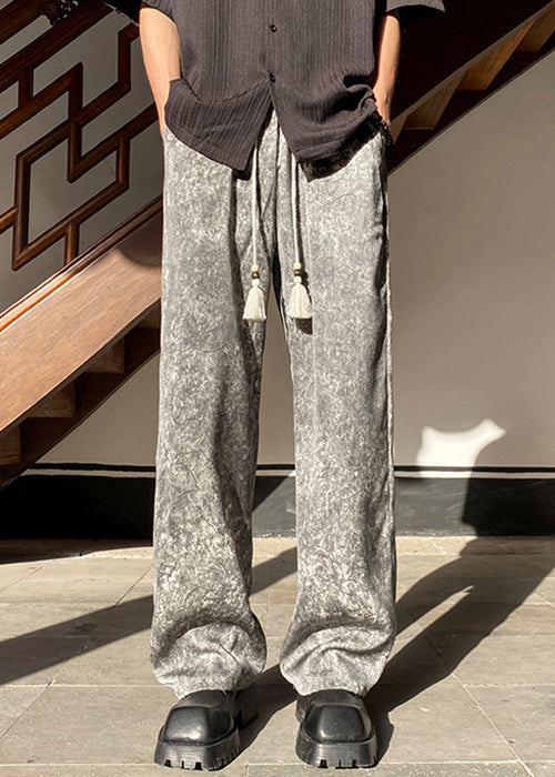 Grey Pockets Silk Wide Leg Pants Elastic Waist