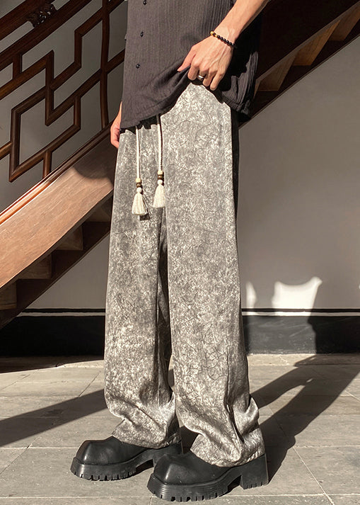Grey Pockets Silk Wide Leg Pants Elastic Waist