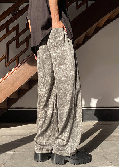 Grey Pockets Silk Wide Leg Pants Elastic Waist