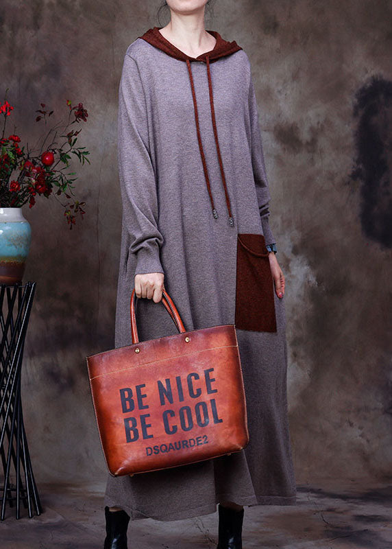 Grey Pockets Woolen Sweatshirts Dress Hooded Winter