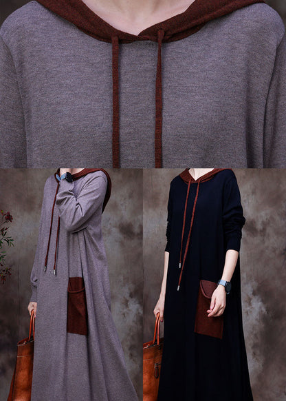 Grey Pockets Woolen Sweatshirts Dress Hooded Winter