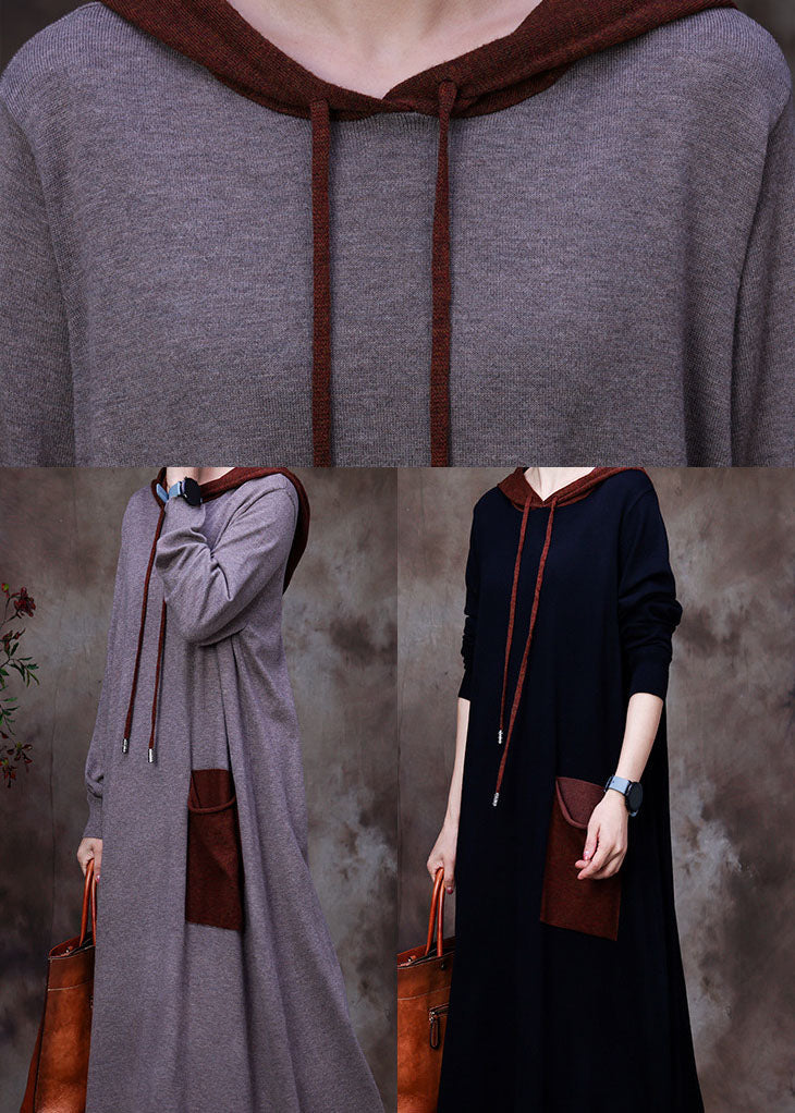 Grey Pockets Woolen Sweatshirts Dress Hooded Winter
