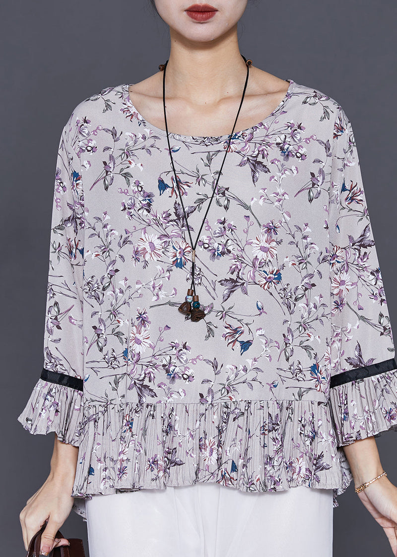 Grey Print Chiffon Shirts O-neck Ruffles Flare Sleeve