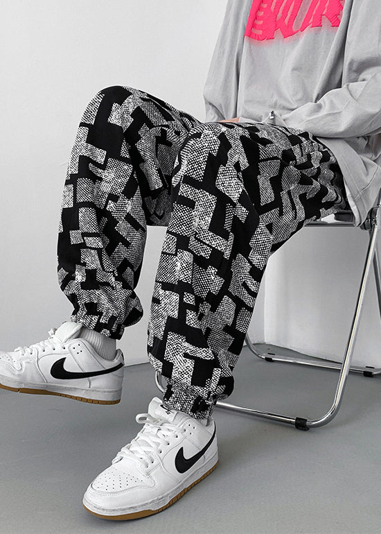 Grey Print Cotton Pants Oversized Spring