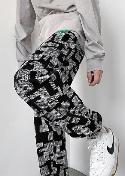 Grey Print Cotton Pants Oversized Spring