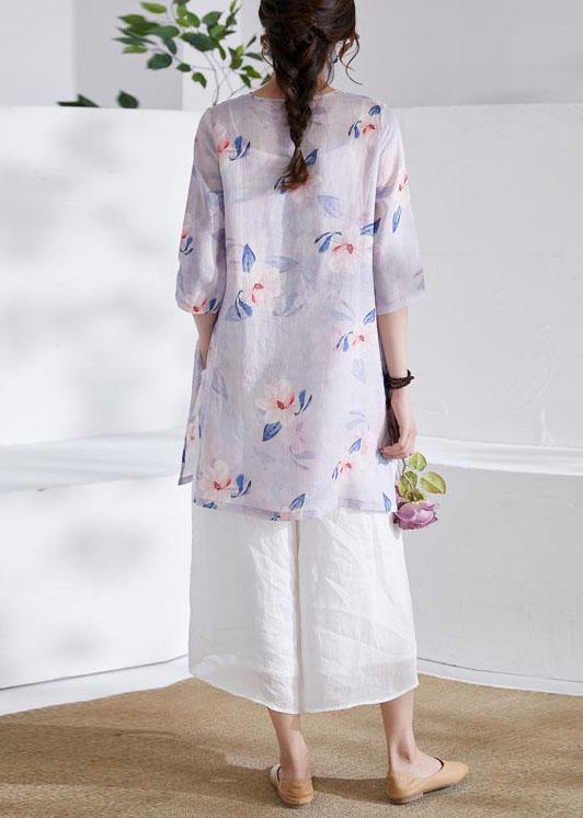 Grey Purple Side Open Print Summer Ramie Shirts Half Sleeve