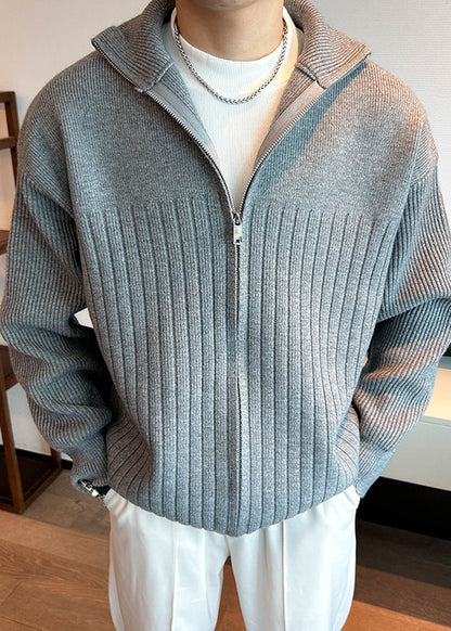 Grey Knit Spring Coat Peter Pan Collar