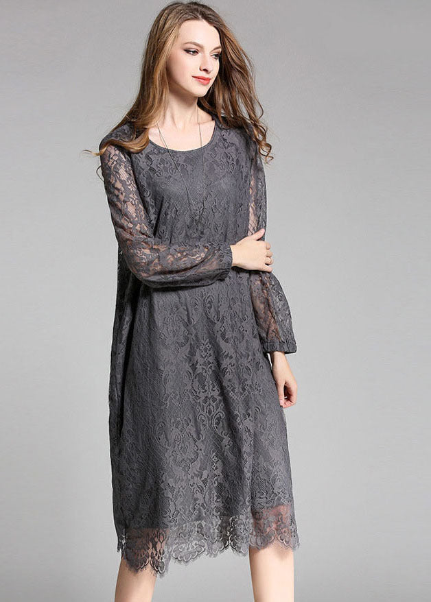 Grey Lace Party Dress O-neck Hollow Out Long Sleeve