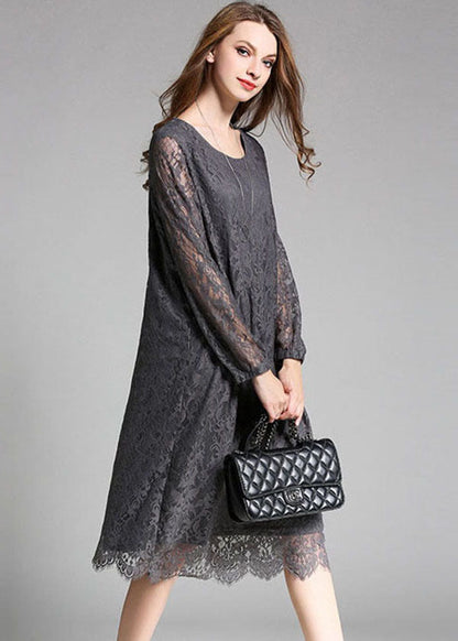 Grey Lace Party Dress O-neck Hollow Out Long Sleeve